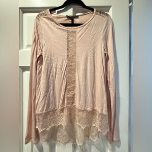 BCBG Max Azria Long Sleeve Elegant Lace Trim Pale Pink Top
